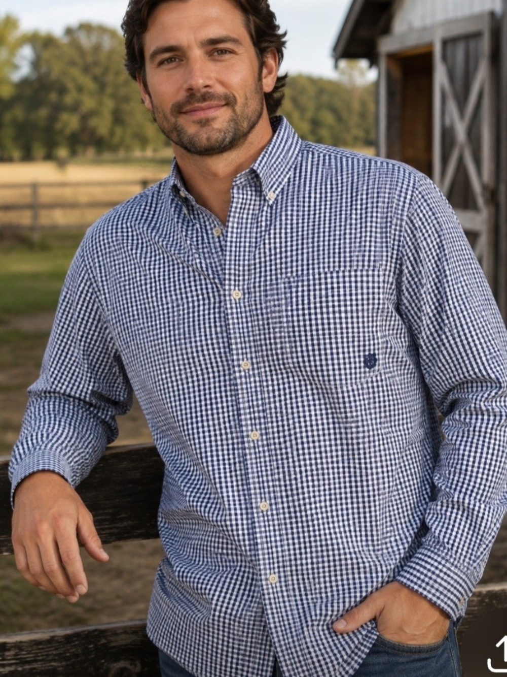 Ariat Mens Size XXL Classic Navy and White Gingham Button-Down Shirt 100% Cotton
